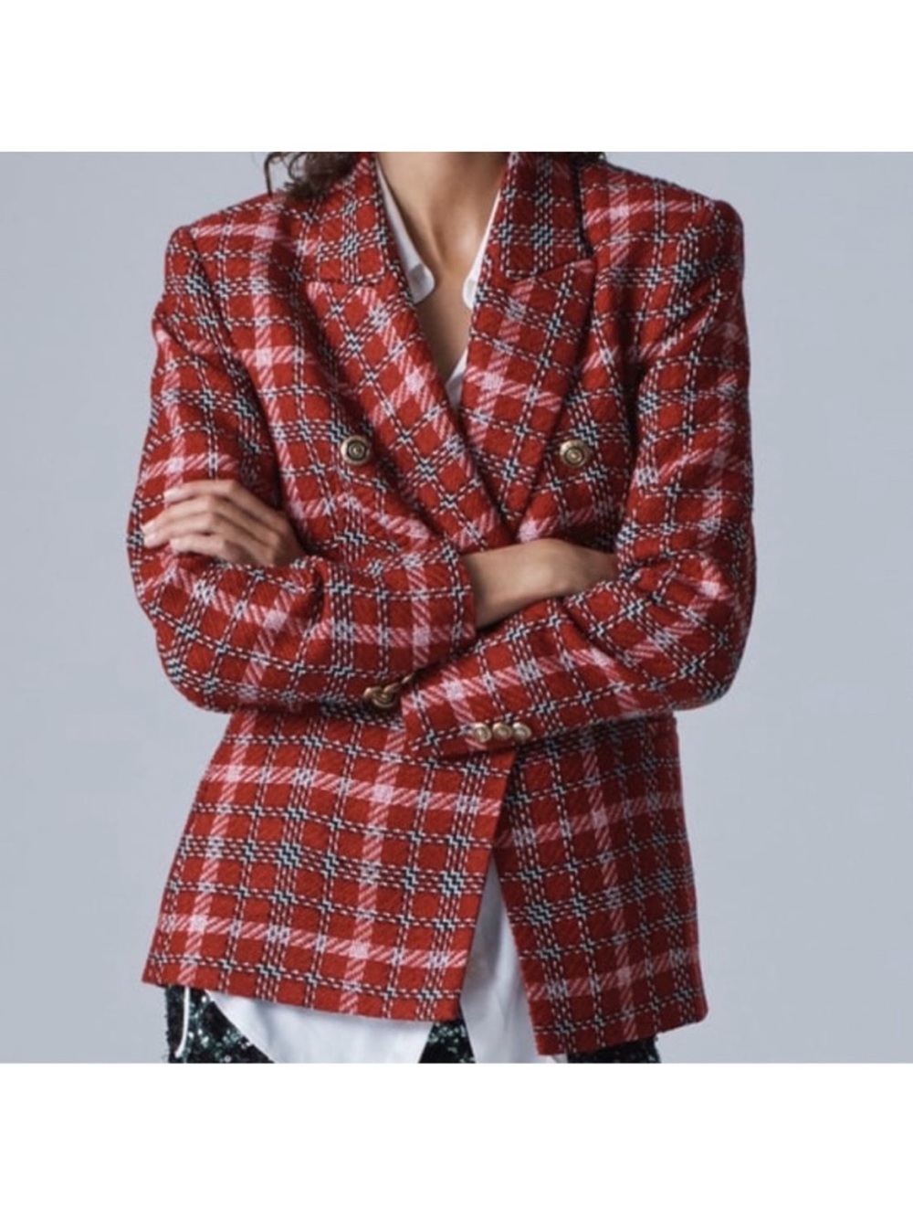 Zara Red Plaid Tweed Double-Breasted Blazer Gild Buttons XS
